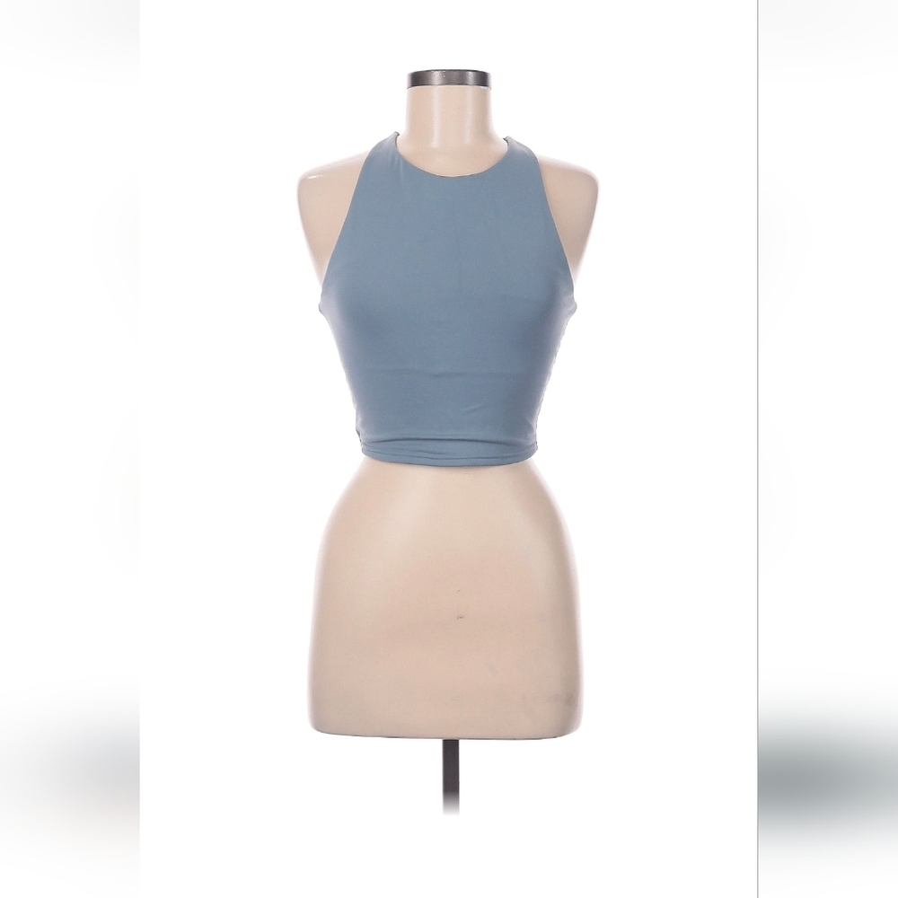 ALO Yoga Cropped High Neck Muscle Tee in Dusty Blue-Grey